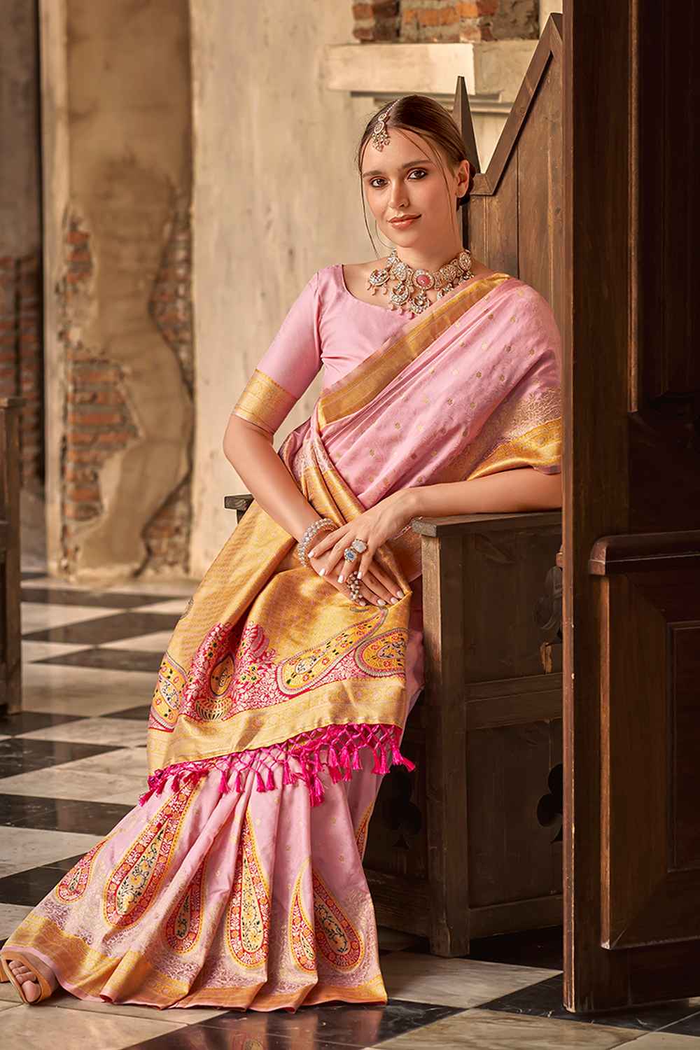 Pink Silk Woven Saree