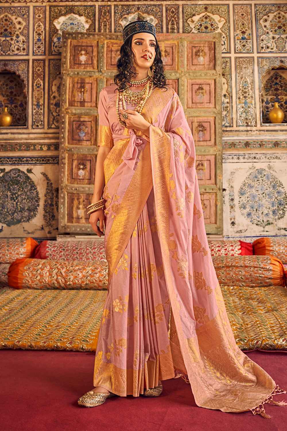 Pink Georgette Woven Saree