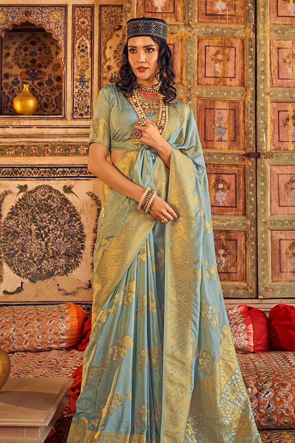 Blue Georgette Woven Saree