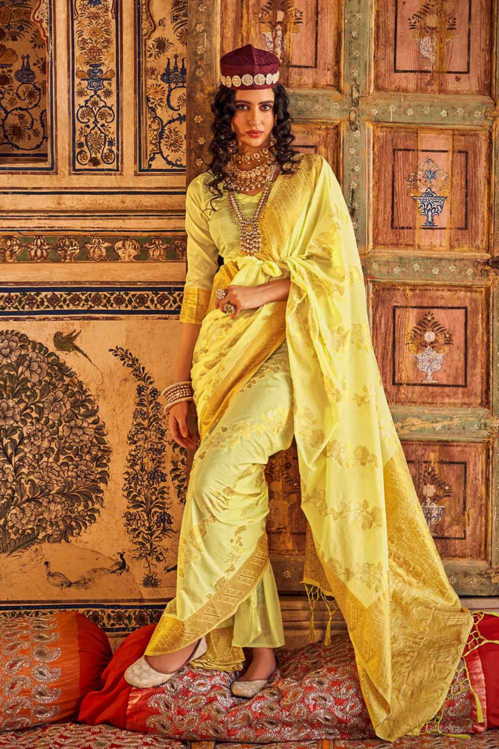 Yellow Georgette Woven Saree