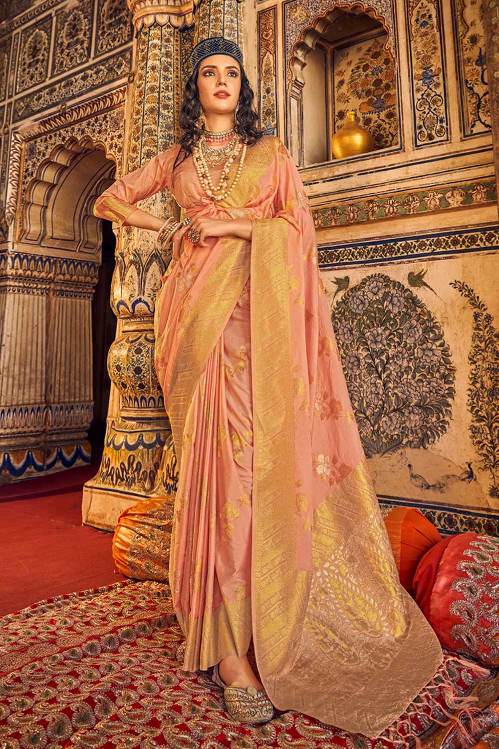 Orange Georgette Woven Saree