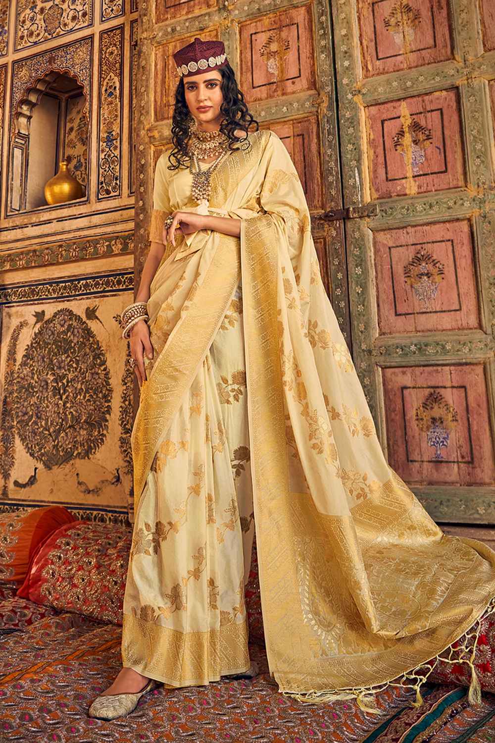 Beige Georgette Woven Saree