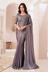 Violet Georgette Embroidered Saree