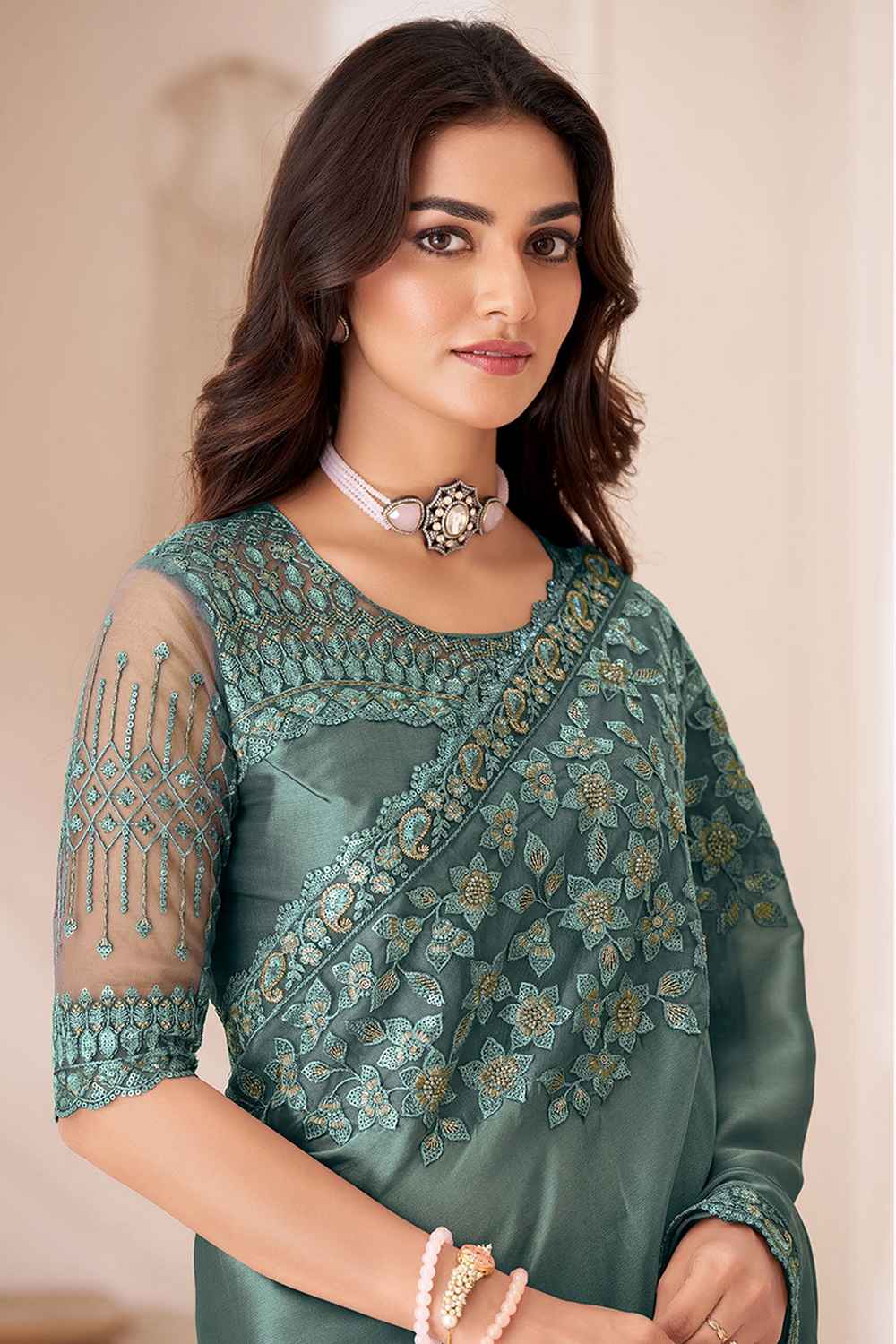 Turquoise Georgette Embroidered Saree