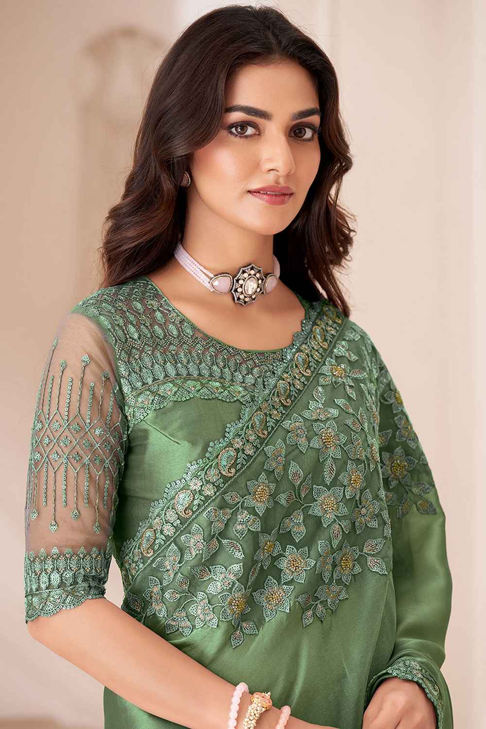 Green Georgette Embroidered Saree