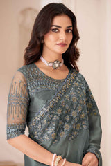 Grey Georgette Embroidered Saree