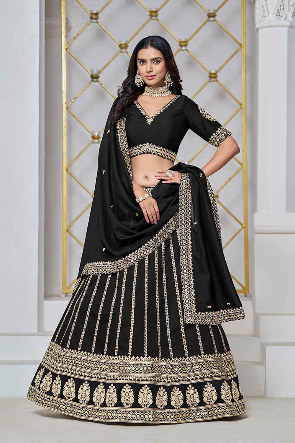 Black Embroidered Art Silk Lehenga Set