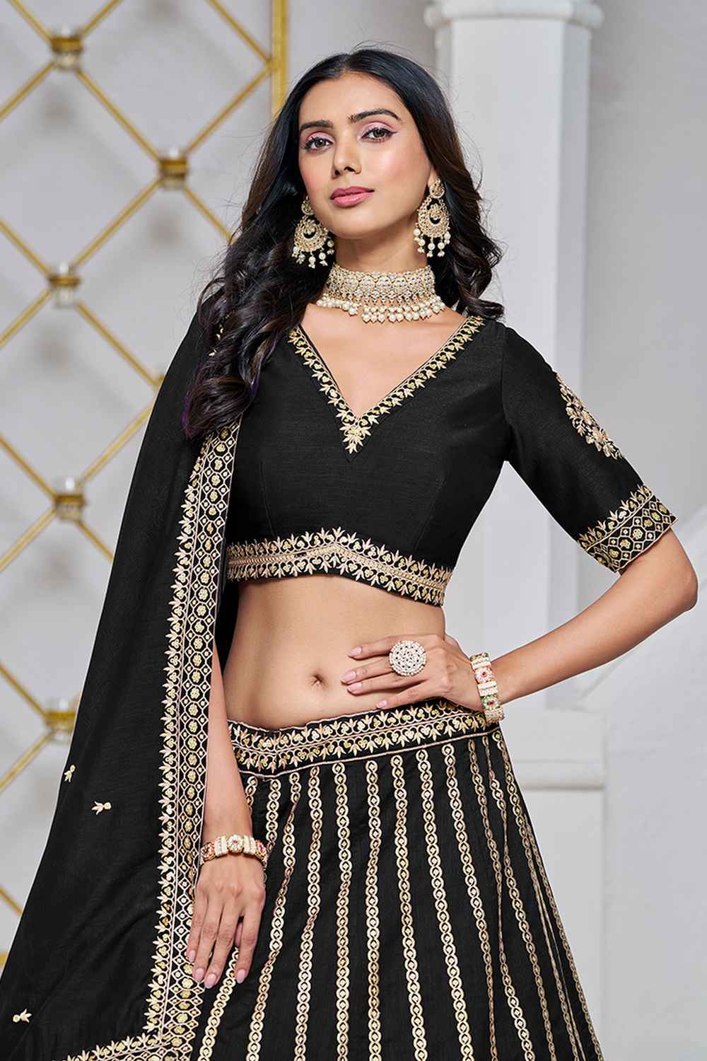 Black Embroidered Art Silk Lehenga Set