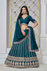 Turquoise Embroidered Art Silk Lehenga Set