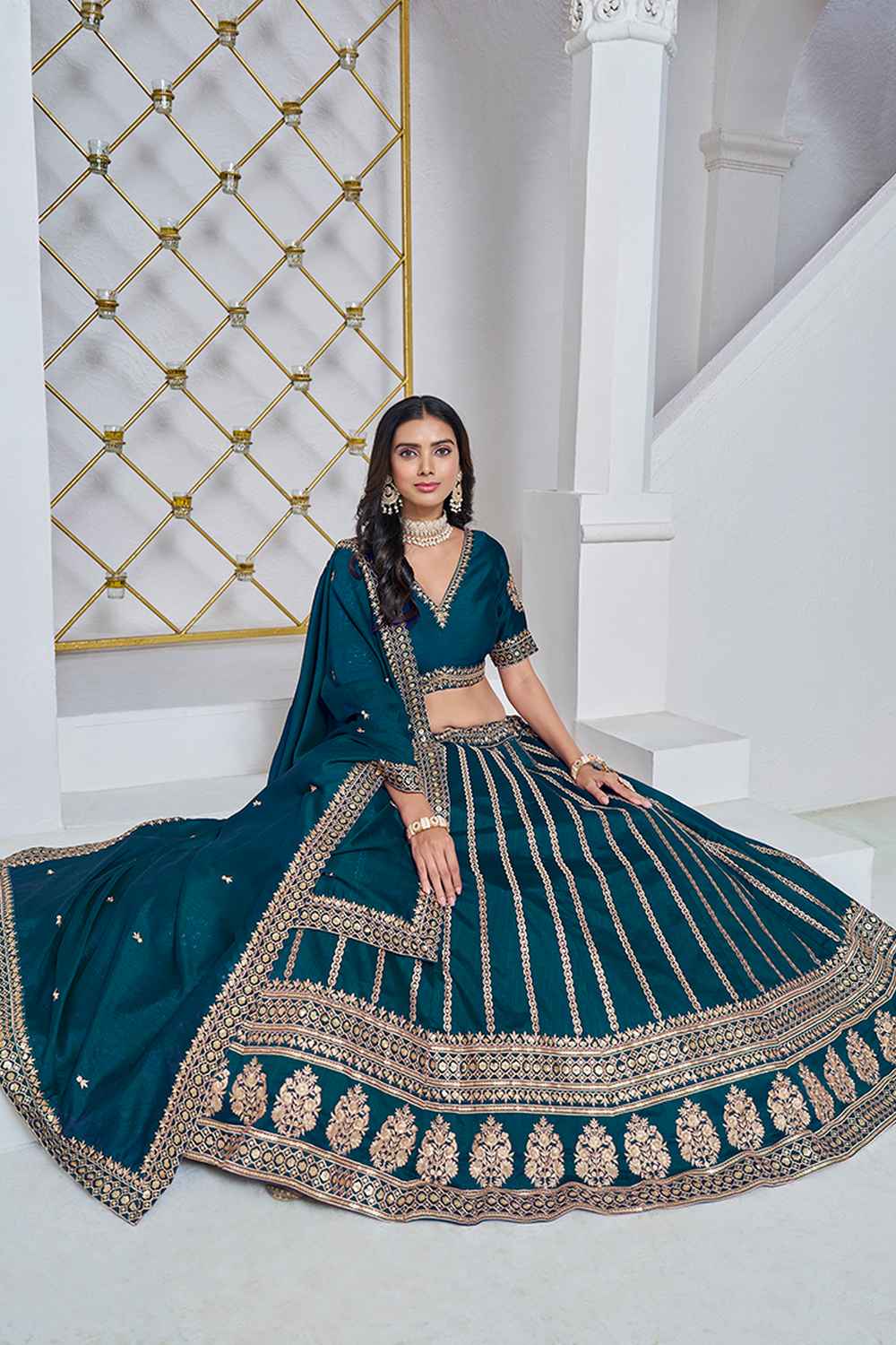 Turquoise Embroidered Art Silk Lehenga Set