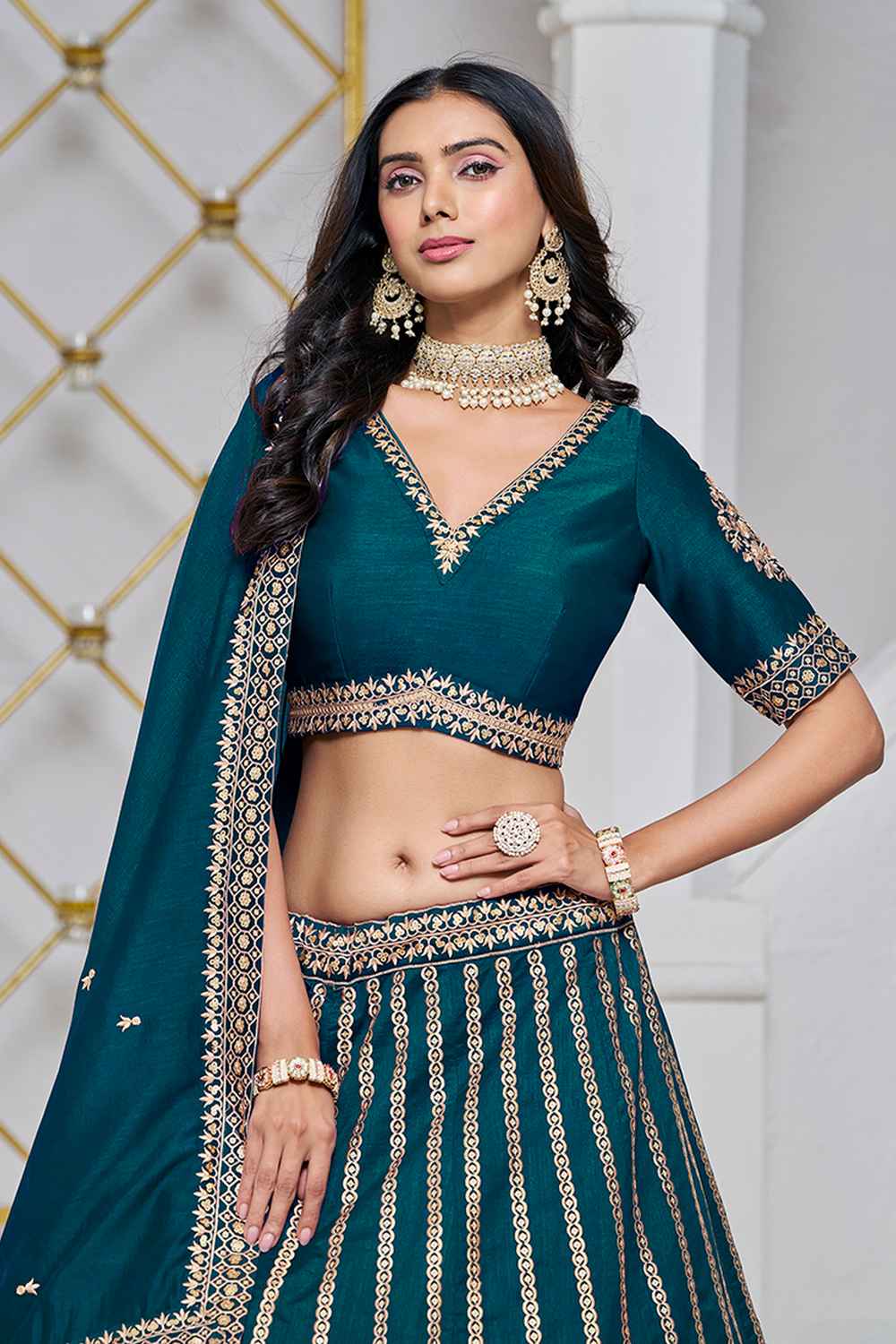 Turquoise Embroidered Art Silk Lehenga Set