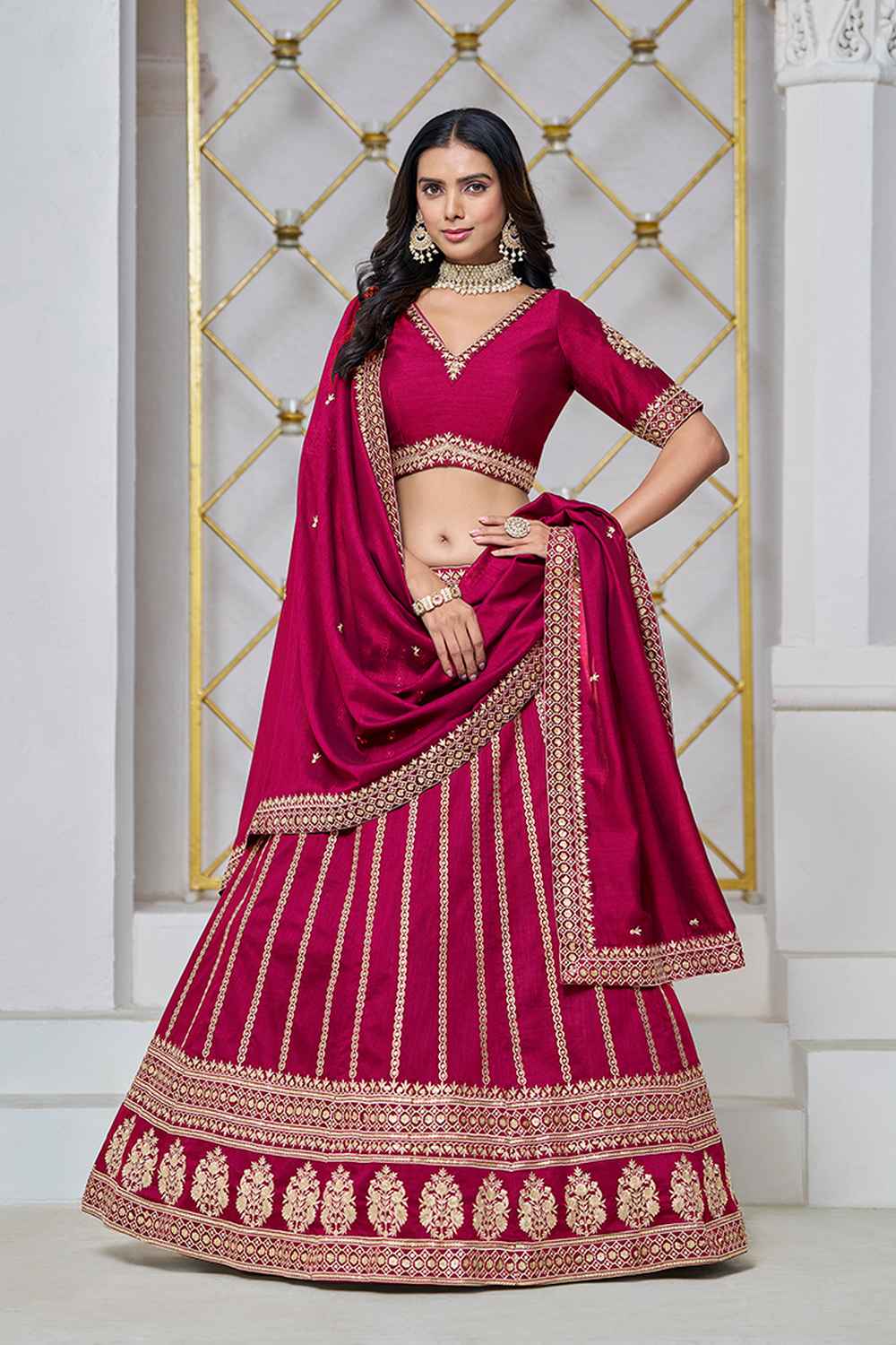 Pink Embroidered Art Silk Lehenga Set