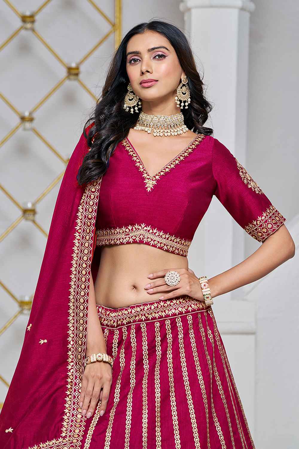 Pink Embroidered Art Silk Lehenga Set