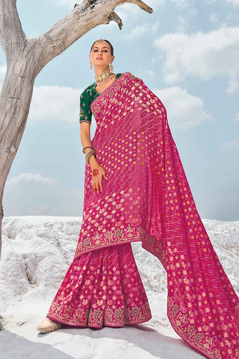 Pink Georgette Embroidered Saree