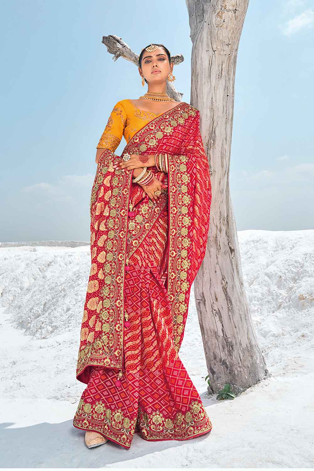 Red Georgette Embroidered Saree