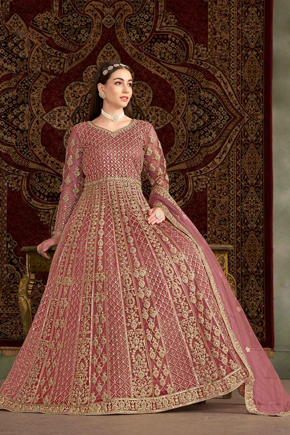 Pink Embroidered Net Salwar Kameez