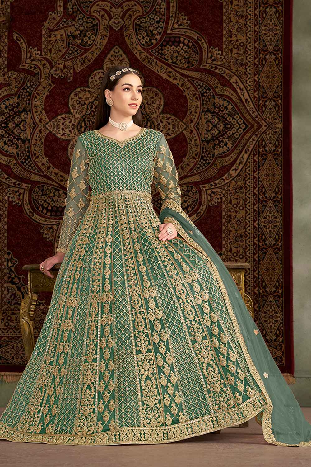 Green Embroidered Net Salwar Kameez