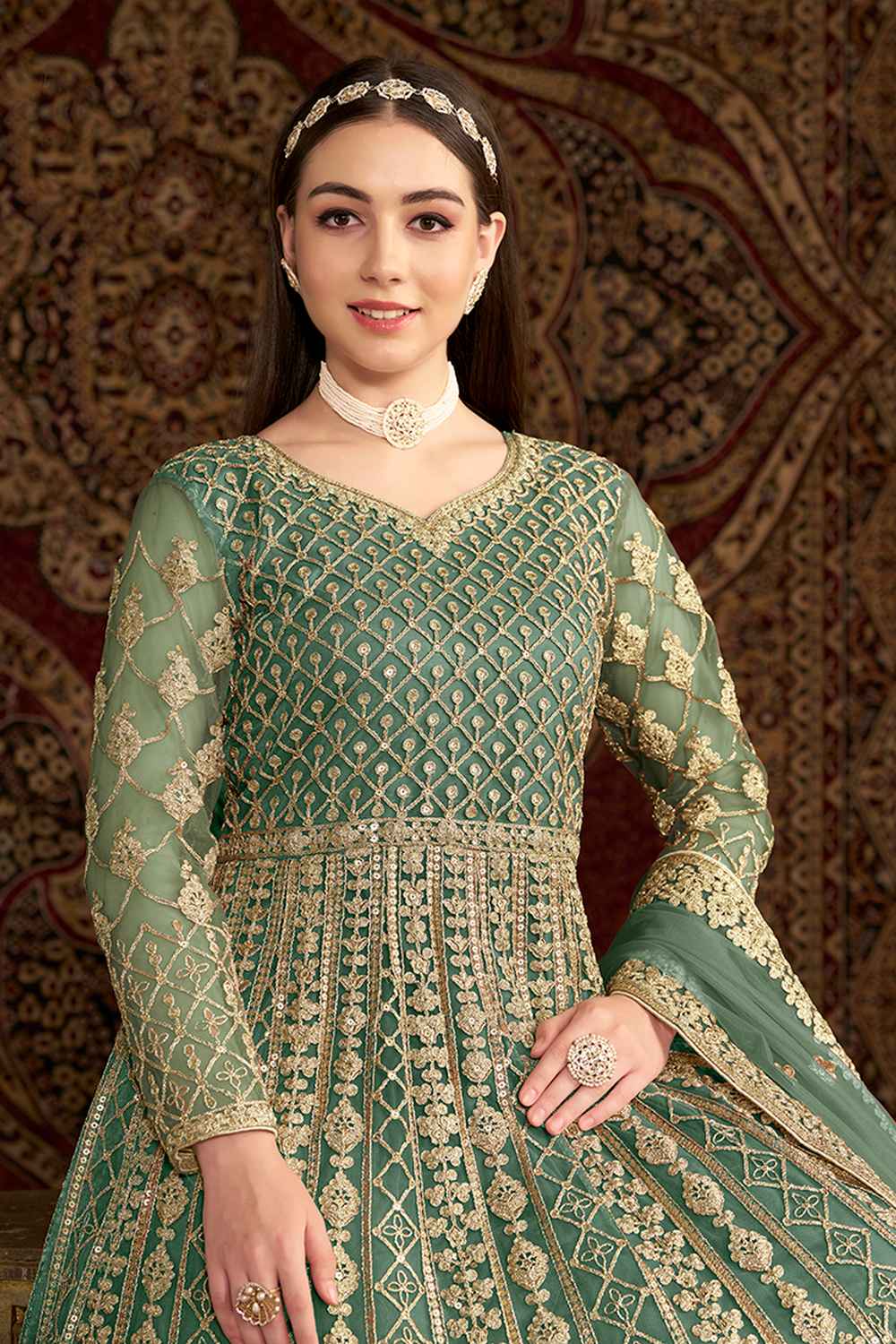 Green Embroidered Net Salwar Kameez