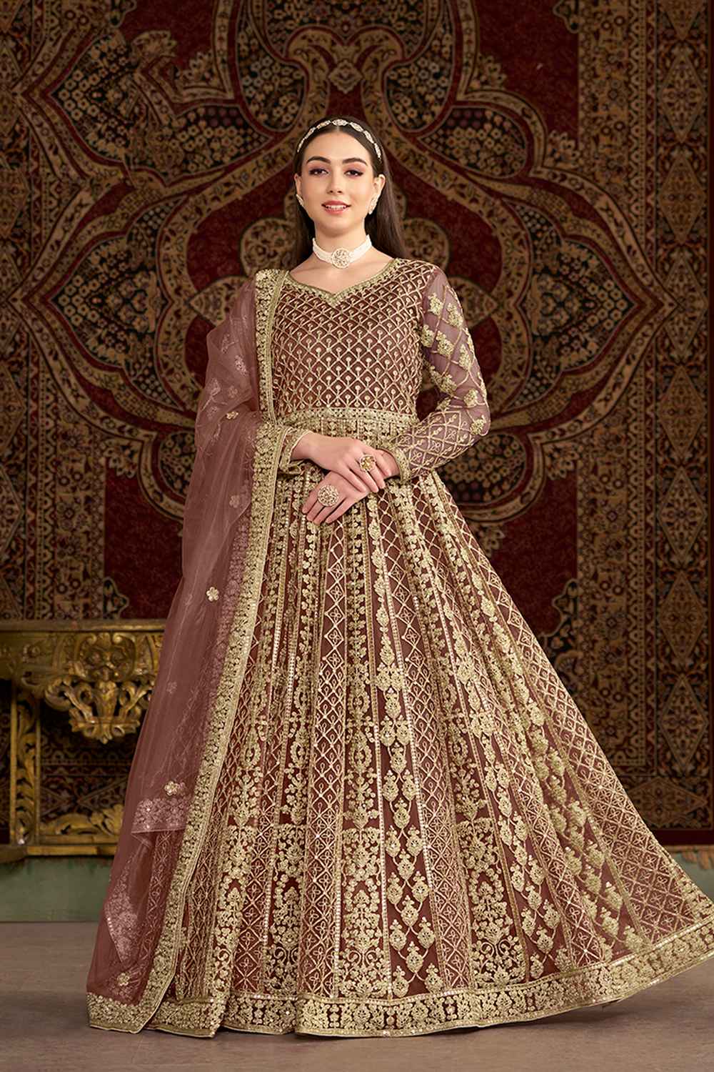 Brown Embroidered Net Salwar Kameez