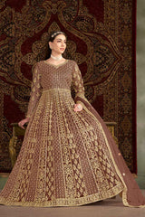 Brown Embroidered Net Salwar Kameez