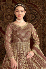 Brown Embroidered Net Salwar Kameez