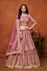 Pink Embroidered Net Lehenga Set