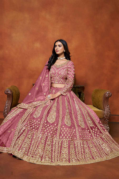 Pink Embroidered Net Lehenga Set