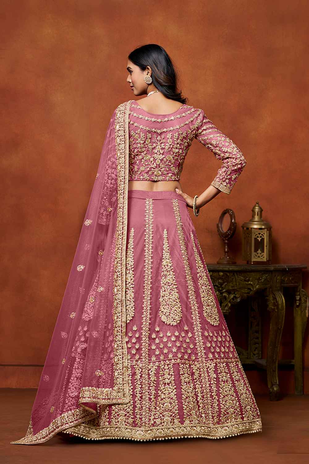 Pink Embroidered Net Lehenga Set