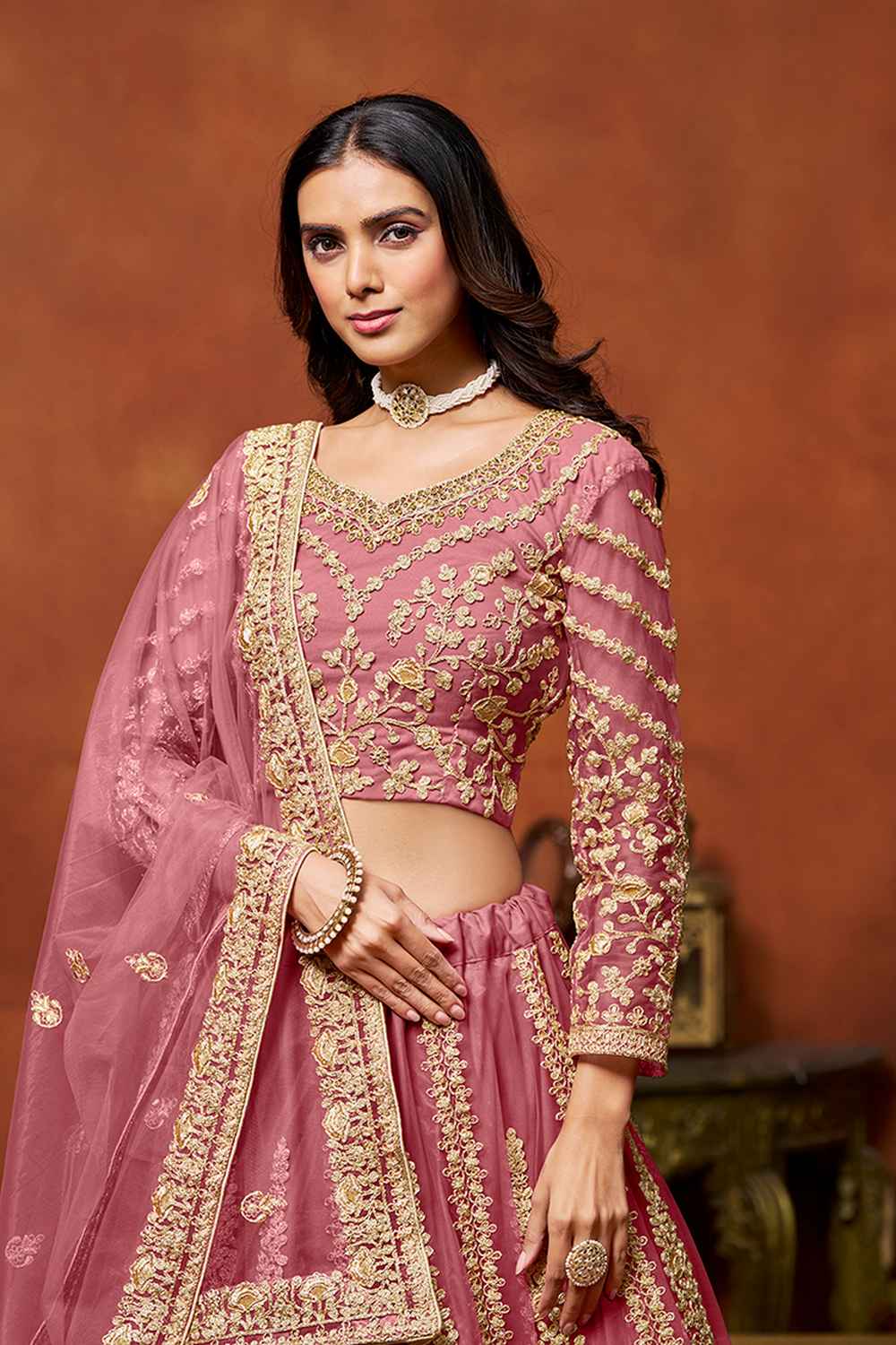 Pink Embroidered Net Lehenga Set