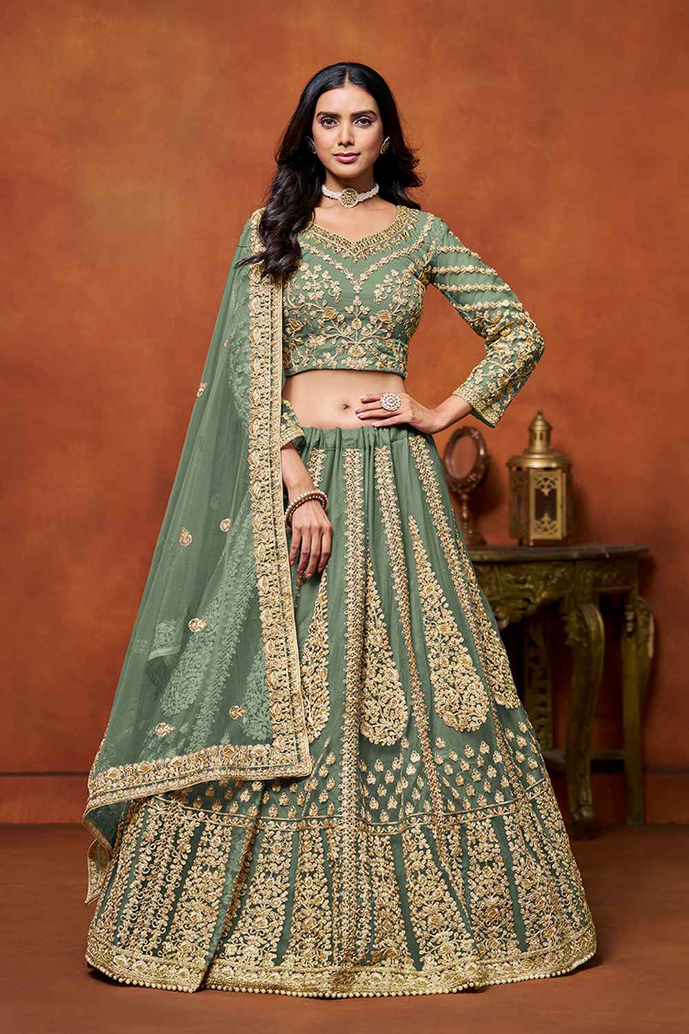 Green Embroidered Net Lehenga Set