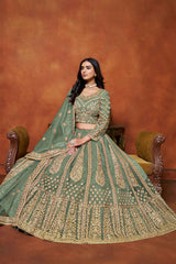 Green Embroidered Net Lehenga Set