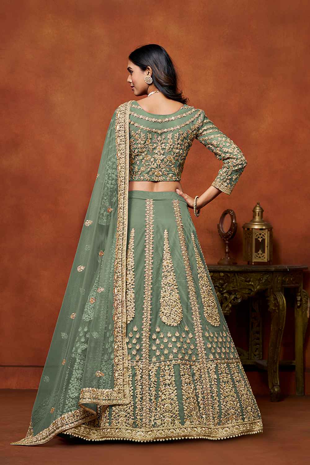 Green Embroidered Net Lehenga Set