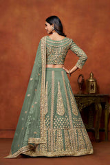 Green Embroidered Net Lehenga Set