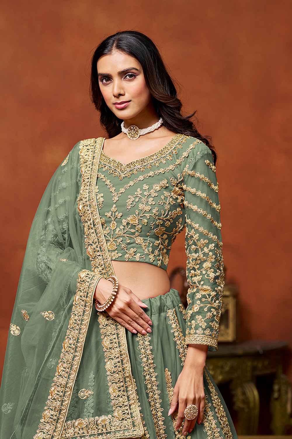 Green Embroidered Net Lehenga Set