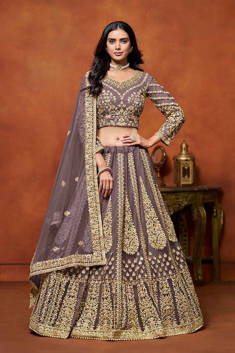 Violet Embroidered Net Lehenga Set