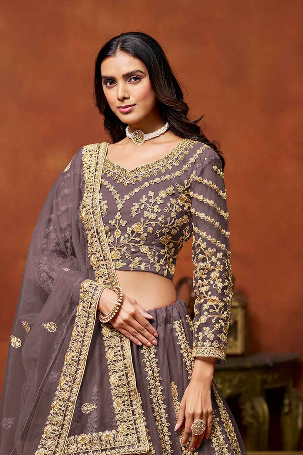 Violet Embroidered Net Lehenga Set