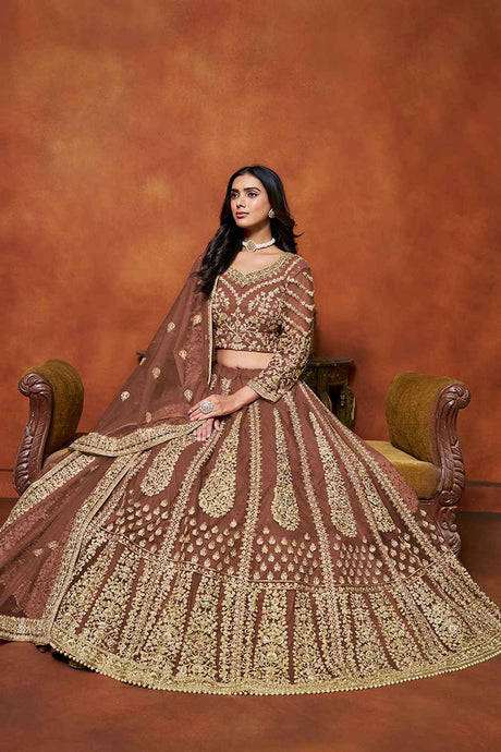 Brown Embroidered Net Lehenga Set