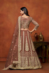 Brown Embroidered Net Lehenga Set