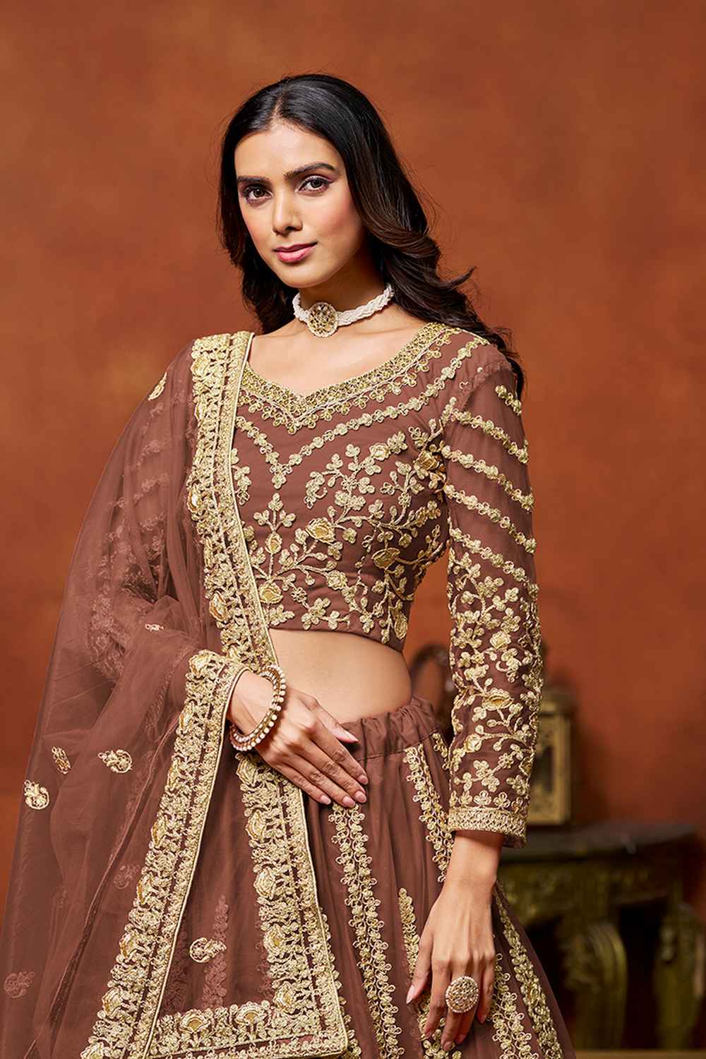 Brown Embroidered Net Lehenga Set