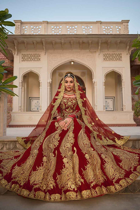 Red Embroidered Velvet Lehenga Set