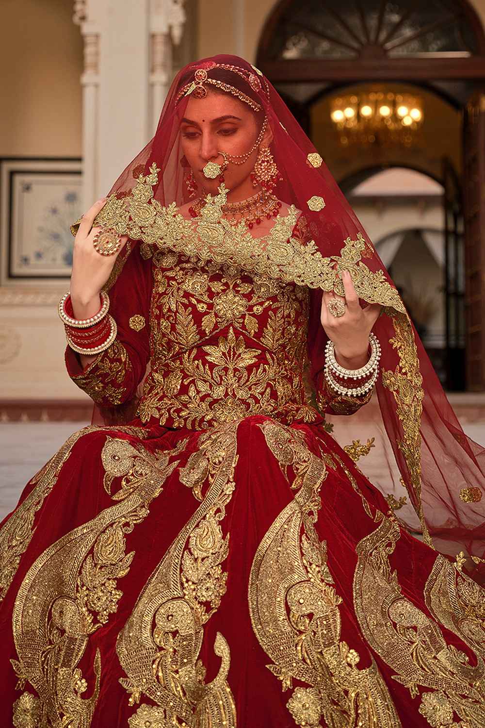 Red Embroidered Velvet Lehenga Set