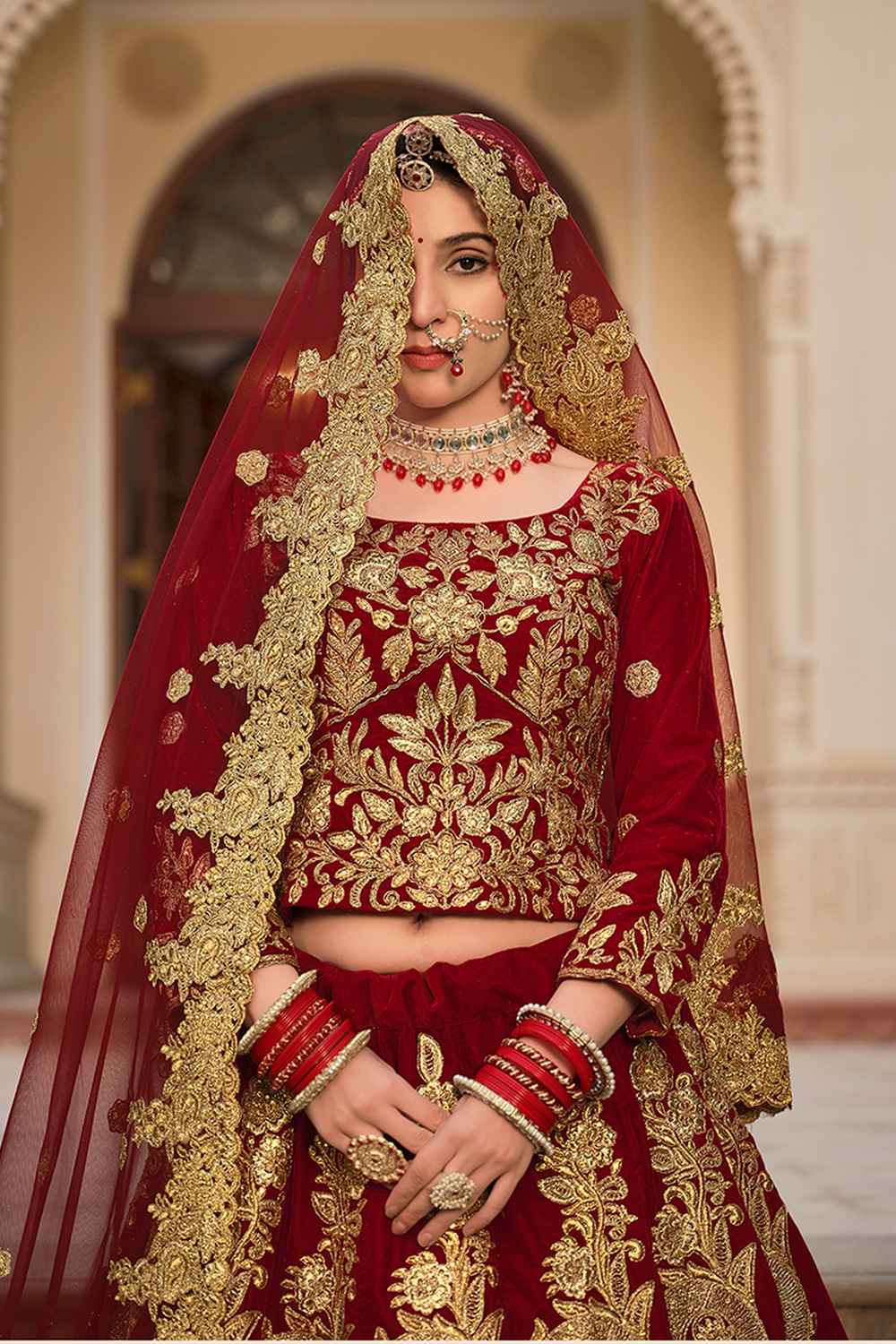 Red Embroidered Velvet Lehenga Set