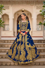 Blue Embroidered Velvet Lehenga Set