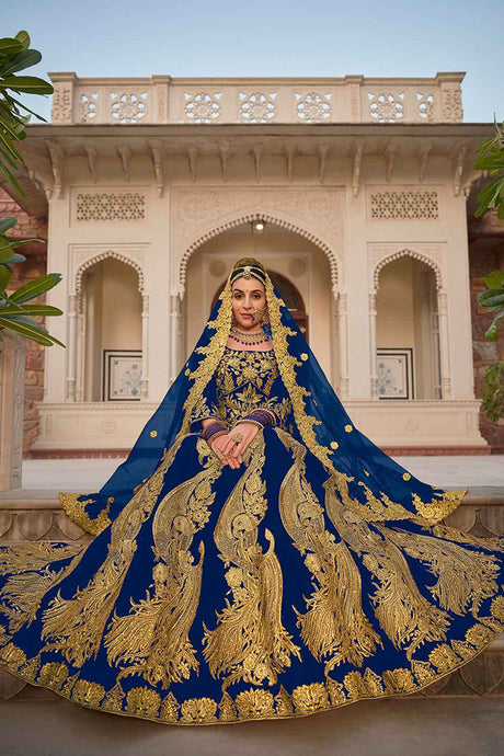 Blue Embroidered Velvet Lehenga Set