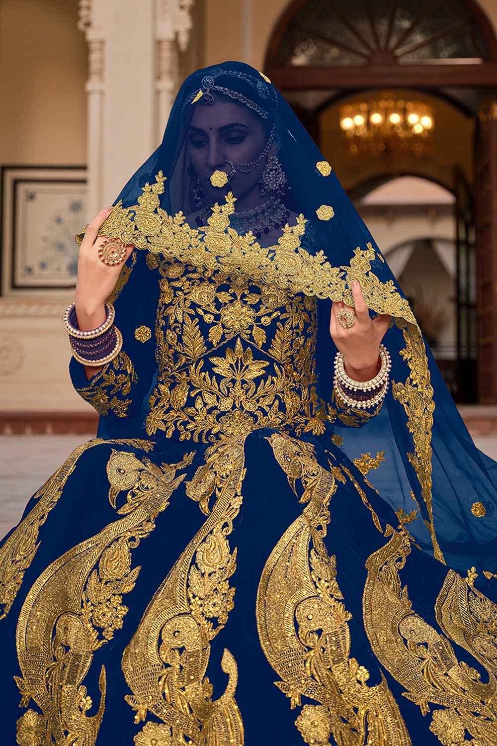 Blue Embroidered Velvet Lehenga Set