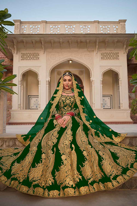 Green Embroidered Velvet Lehenga Set