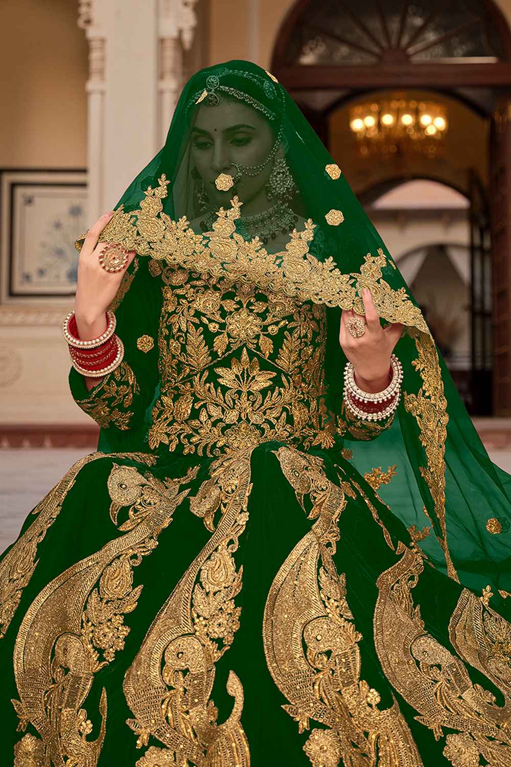 Green Embroidered Velvet Lehenga Set