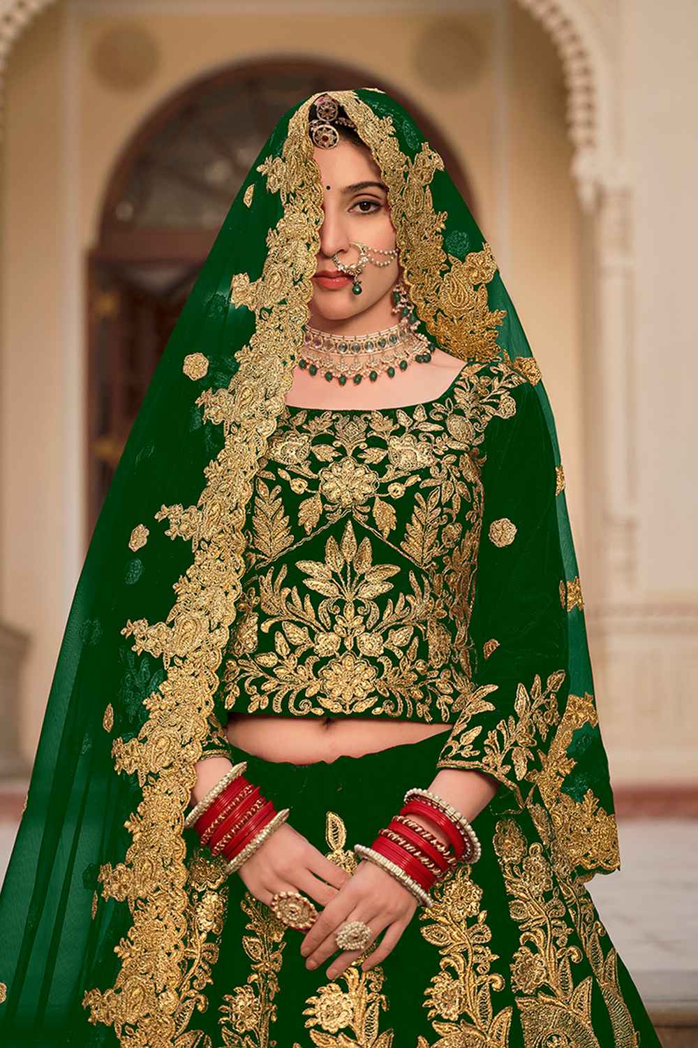 Green Embroidered Velvet Lehenga Set