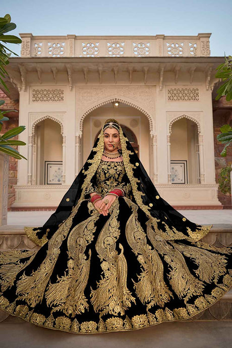 Black Embroidered Velvet Lehenga Set