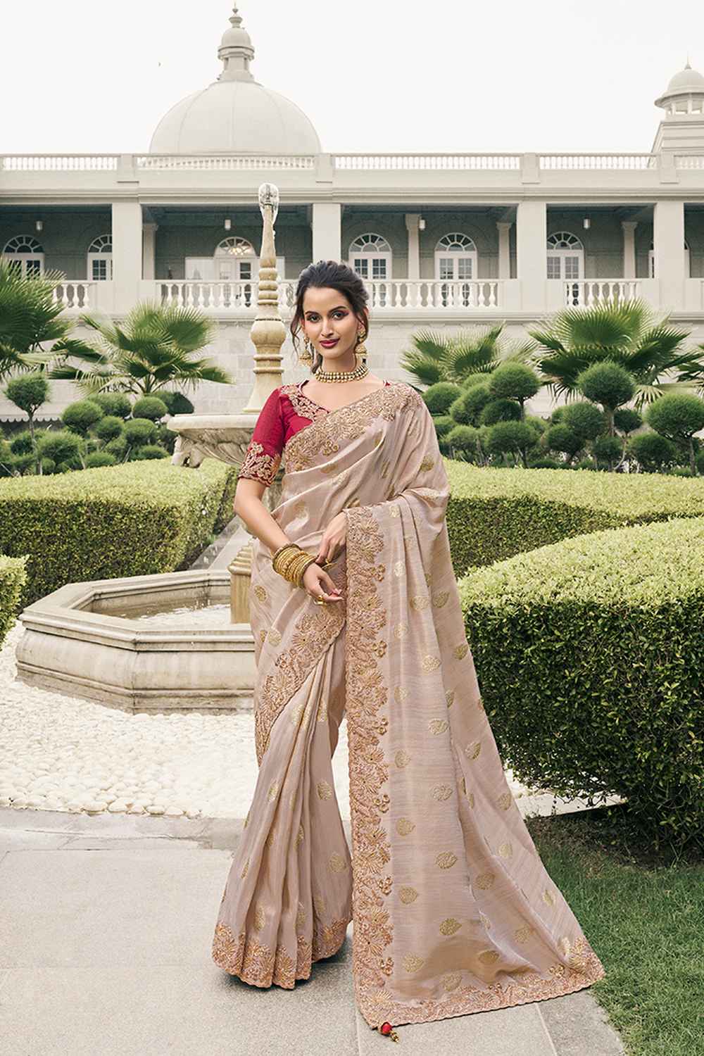 Beige Tissue Embroidered Saree